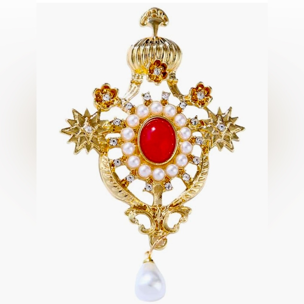 Rare Antiqued Dillards Pearl drop red stone brooch
